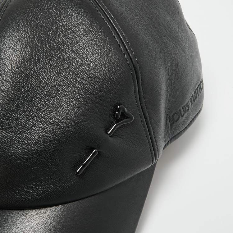 Pre Owned Louis Vuitton Black LV Pin Leather Cap 58 cm 