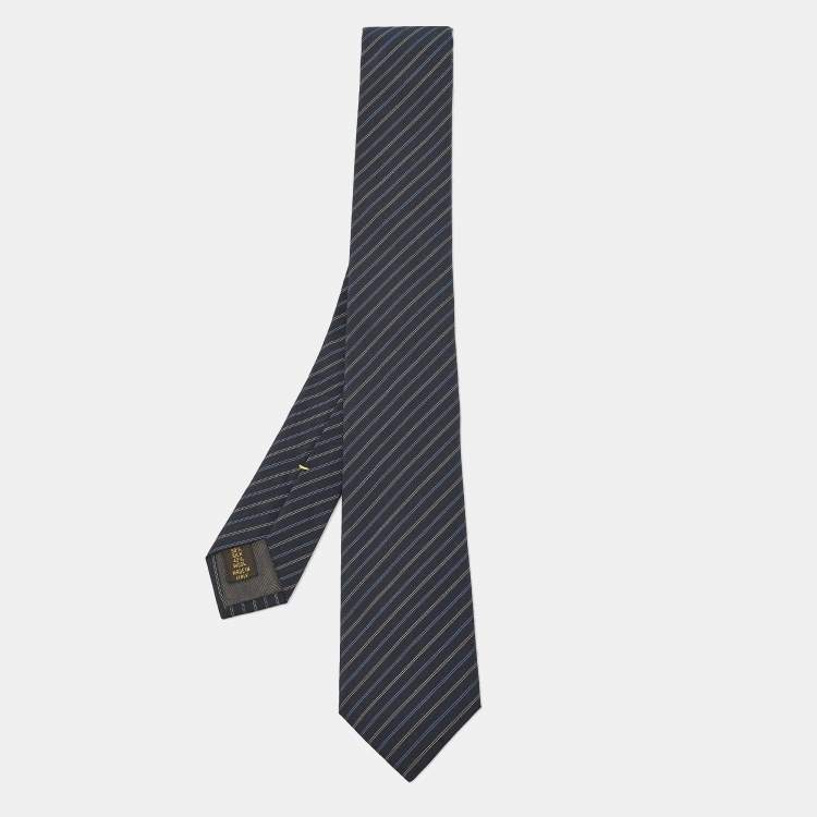 Pre Owned Louis Vuitton Navy Blue Diagonal Striped Wool & Silk Slim Tie