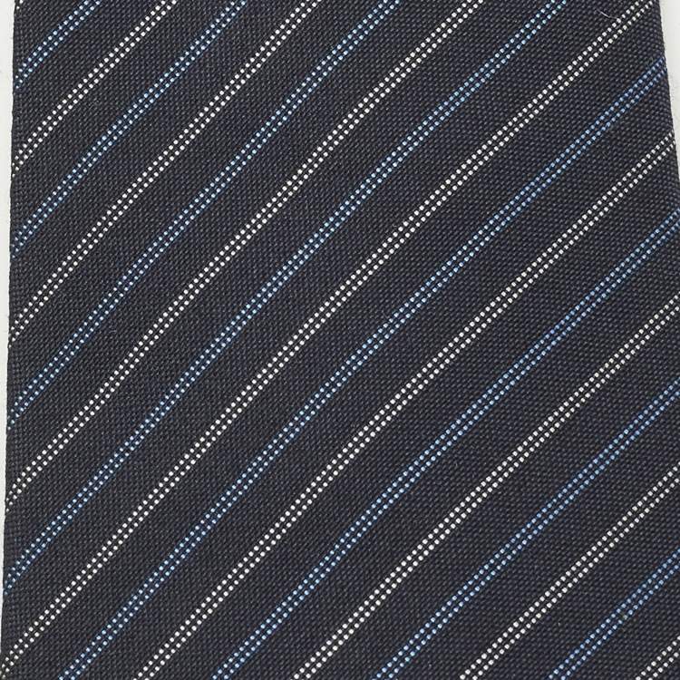 Pre Owned Louis Vuitton Navy Blue Diagonal Striped Wool & Silk Slim Tie