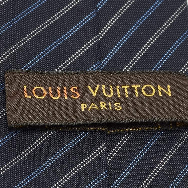 Pre Owned Louis Vuitton Navy Blue Diagonal Striped Wool & Silk Slim Tie