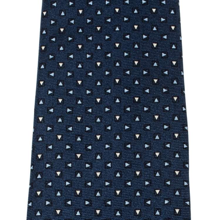 Pre Owned Louis Vuitton Navy Blue Triangle Print Silk Skinny Tie