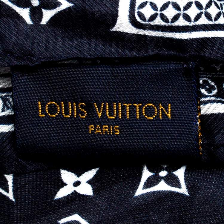Pre Owned Louis Vuitton Navy Blue Card Monogram Silk Blend Bandana Scarf
