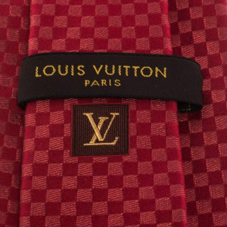 Pre Owned Louis Vuitton Red Damier Pattern Jacquard Traditional Silk Tie