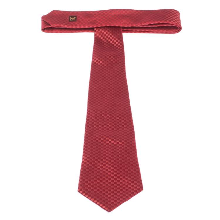 Pre Owned Louis Vuitton Red Damier Pattern Jacquard Traditional Silk Tie