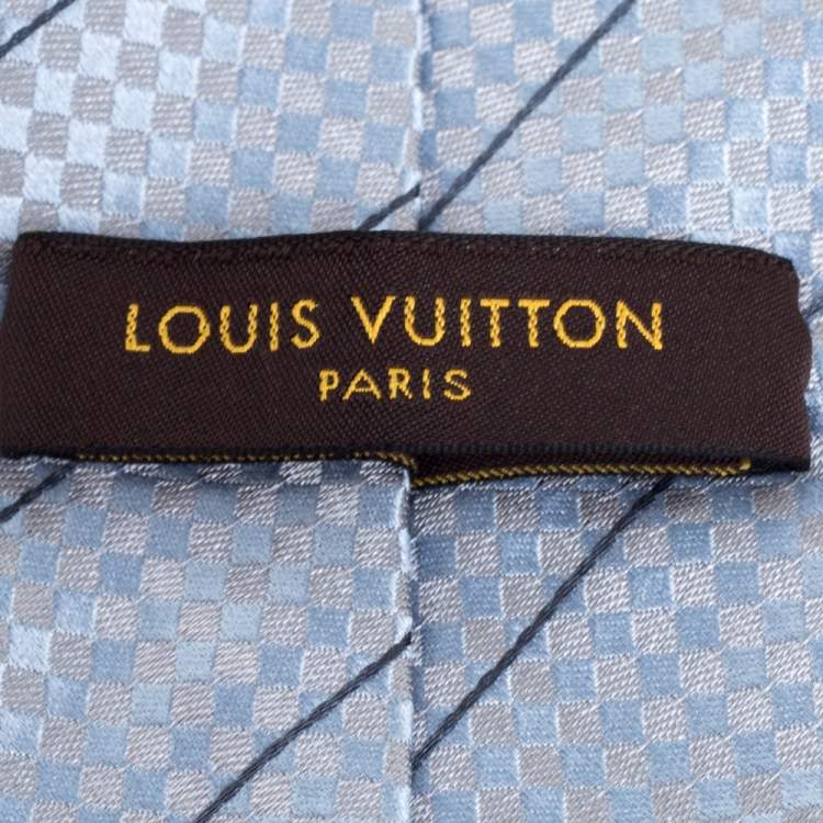 Pre Owned Louis Vuitton Pale Blue Micro Damier Striped Silk Tie