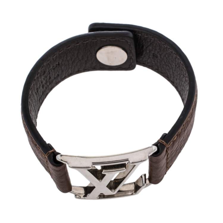 Pre Owned Louis Vuitton Hockenheim Brown Leather Silver Tone Bracelet