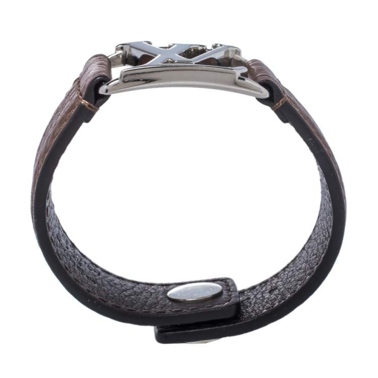 Pre Owned Louis Vuitton Hockenheim Brown Leather Silver Tone Bracelet