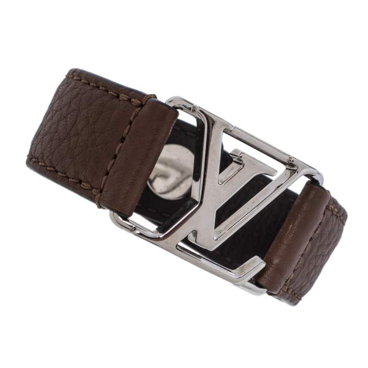 Pre Owned Louis Vuitton Hockenheim Brown Leather Silver Tone Bracelet