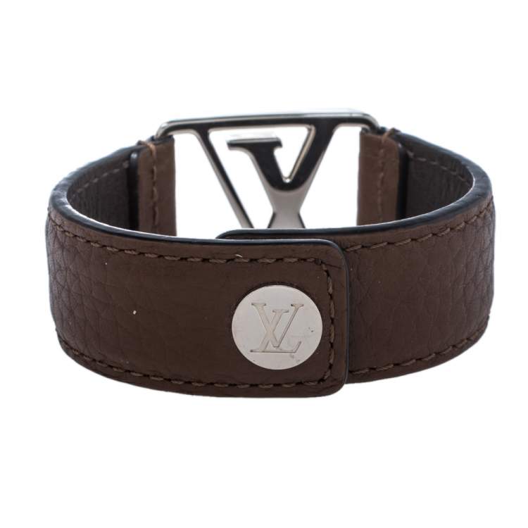 Pre Owned Louis Vuitton Hockenheim Brown Leather Silver Tone Bracelet