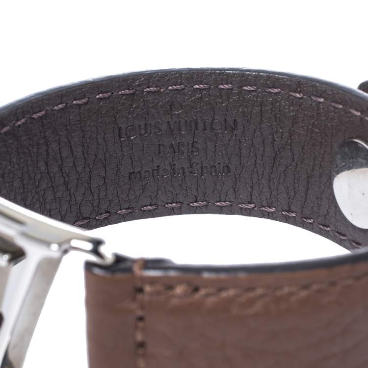 Pre Owned Louis Vuitton Hockenheim Brown Leather Silver Tone Bracelet