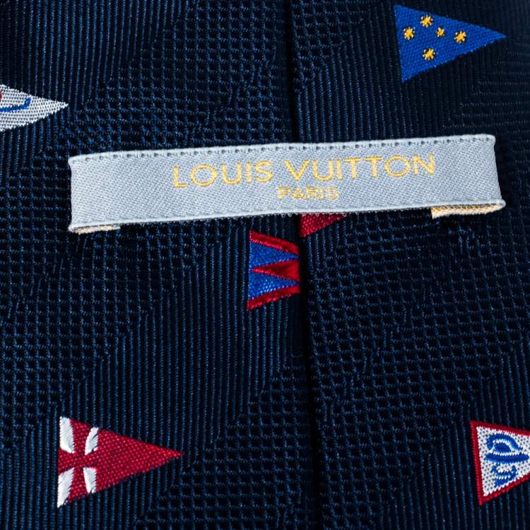 Pre Owned Louis Vuitton Navy Blue 2000 Cup Flag Embroidered Silk Tie