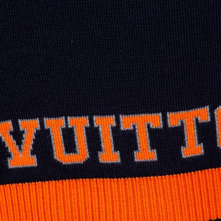 Pre Owned Louis Vuitton Navy Blue & Orange Logo Wool Louis Scarf