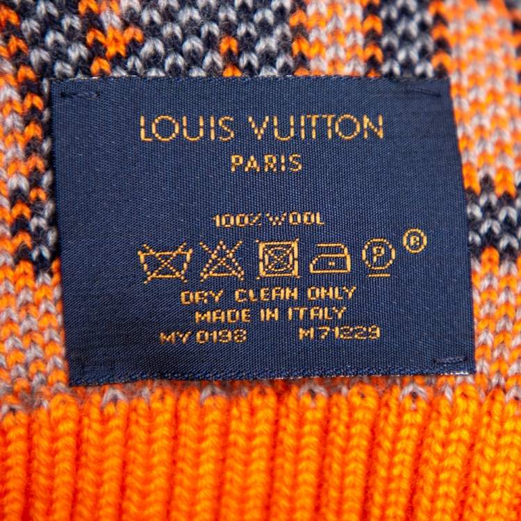 Pre Owned Louis Vuitton Navy Blue & Orange Logo Wool Louis Scarf