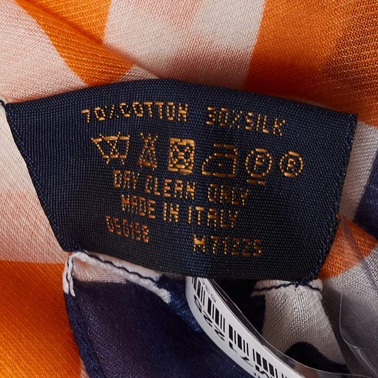 Pre Owned Louis Vuitton Blue & Orange Logo Printed Cotton & Silk Scarf 