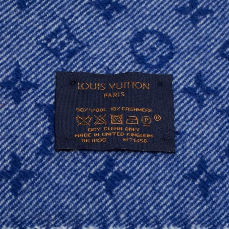 Pre Owned Louis Vuitton Blue Monogram Intarsia Wool Fringed Muffler 