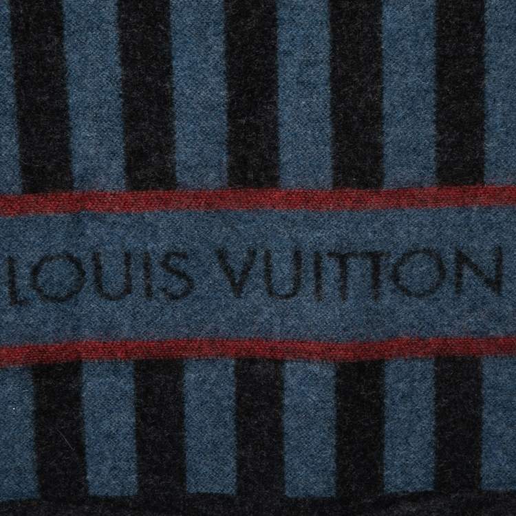 Pre Owned Louis Vuitton Blue & Red Striped Logo Intarsia Knit Wool Muffler 