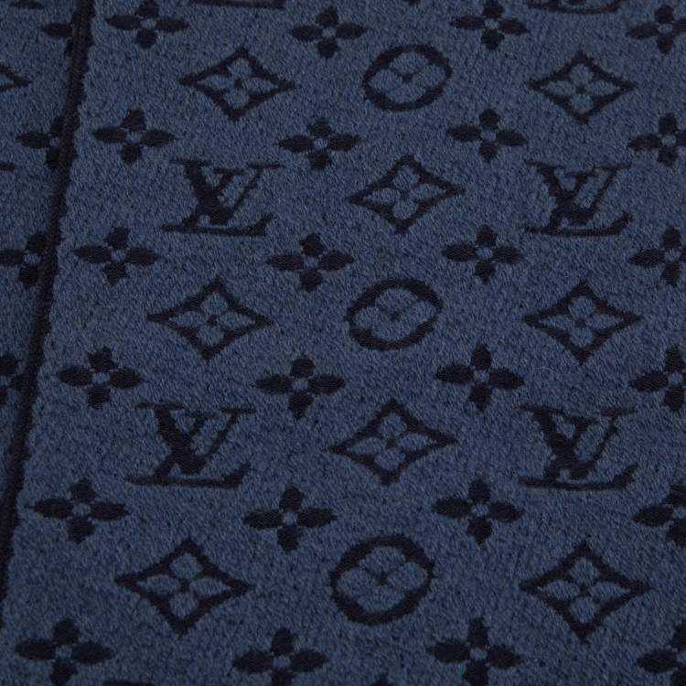 Pre Owned Louis Vuitton Navy Blue & Grey Logo Monogram Wool Scarf 