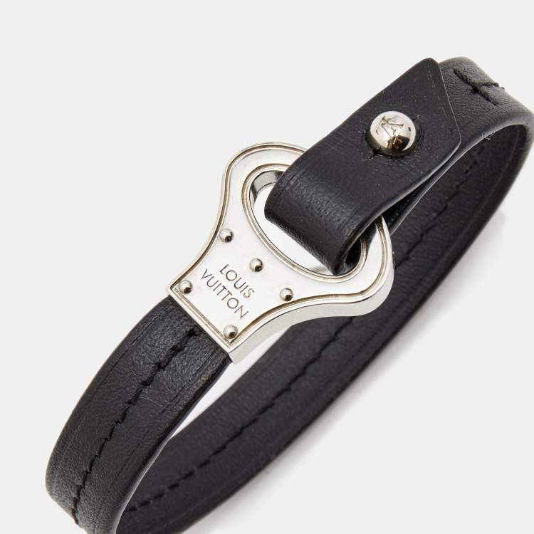 Pre Owned Louis Vuitton Black Leather Silver Tone Archive Bracelet