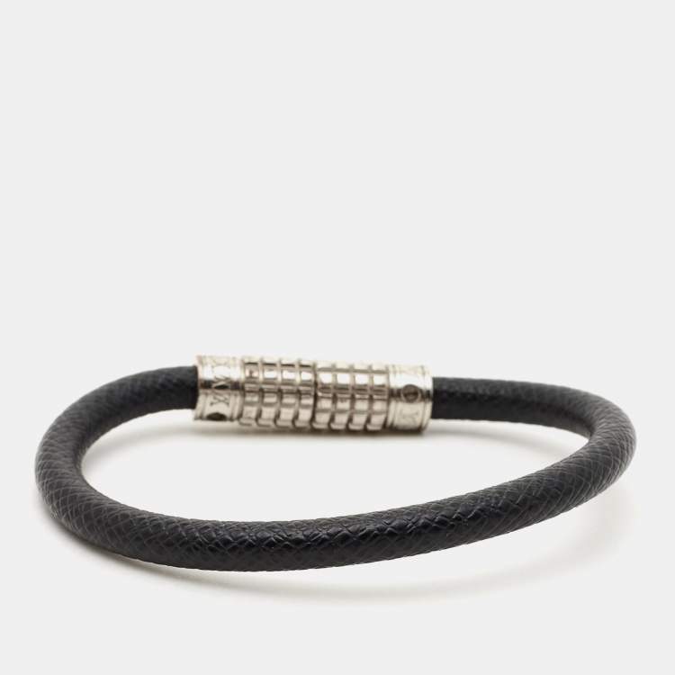 Pre Owned Louis Vuitton Digit Damier Ardoise Taiga Leather Silver Tone Bracelet 