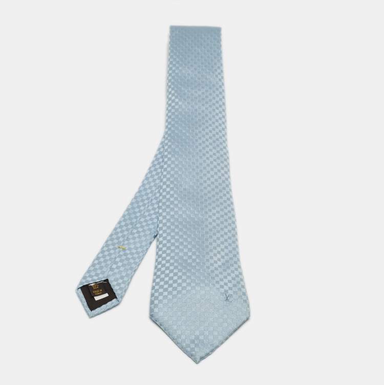 Pre Owned Louis Vuitton Light Blue Damier Checkerboard Pattern Silk Tie