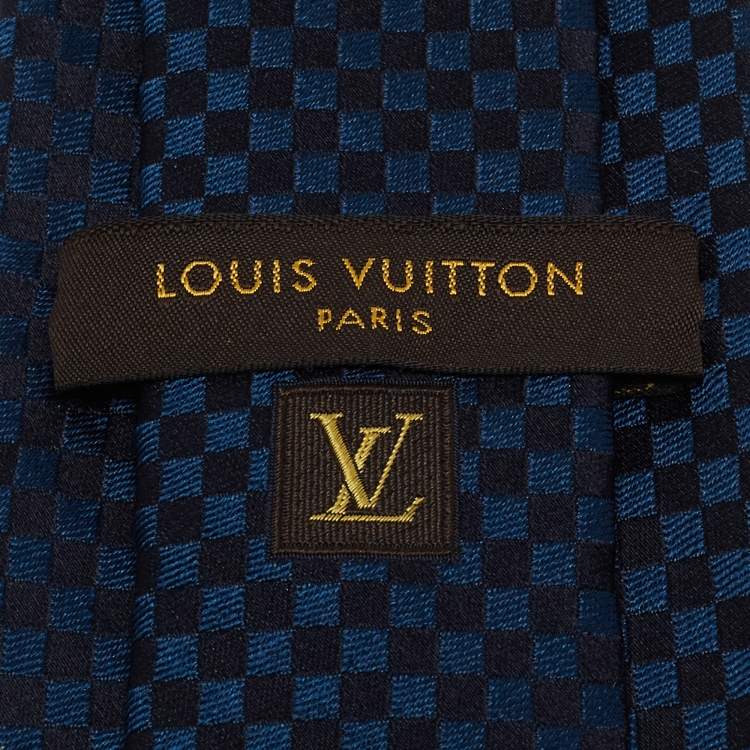 Pre Owned Louis Vuitton Navy Blue Two Tone Damier Silk Jacquard Tie