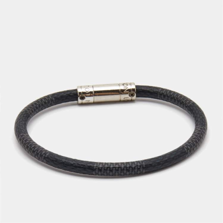 Pre Owned Louis Vuitton Canvas Damier Ebene Keep It Canvas Silver Tone Bracelet