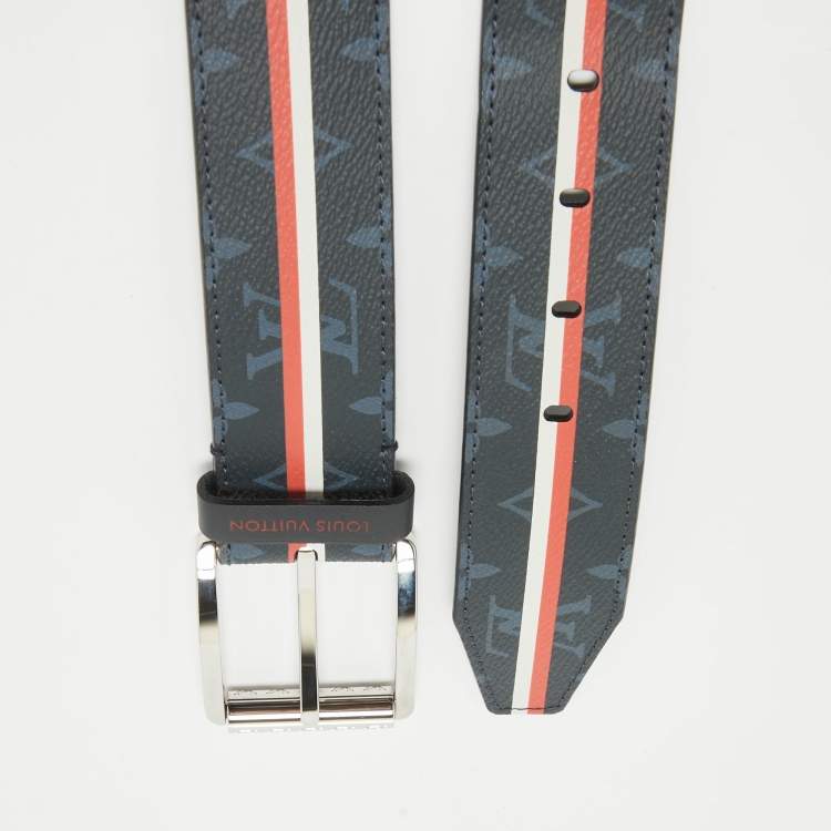 Pre Owned Louis Vuitton Navy Blue Monogram Canvas and Leather Reverso Striped Belt 95 CM
