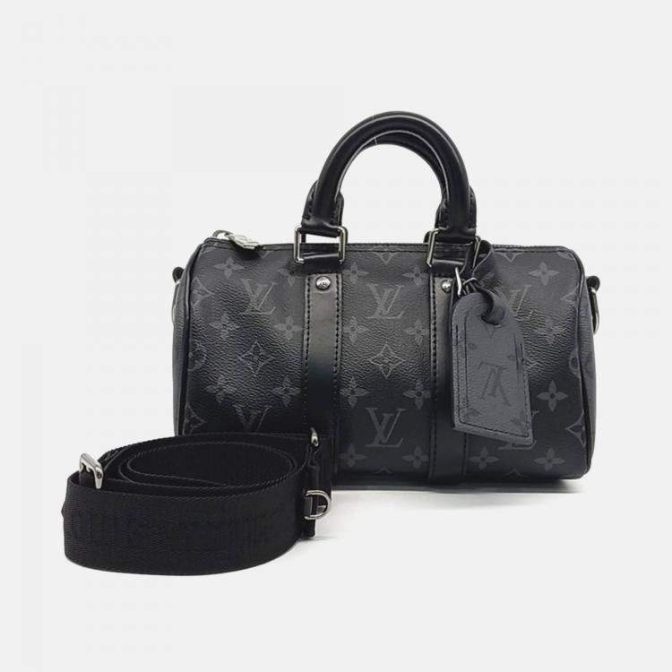 Pre Owned Louis Vuitton Black Coated Canvas and Leather Eclipse Bandouliere Keepall 25 Bag
