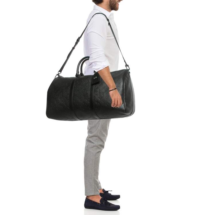 Pre Owned Louis Vuitton Black Monogram Shadow Leather Keepall Bandouliere 50 Bag