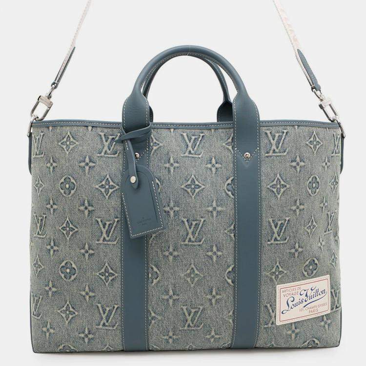 Pre Owned Louis Vuitton Weekend Blue Monogram Washed Denim Tote Bag