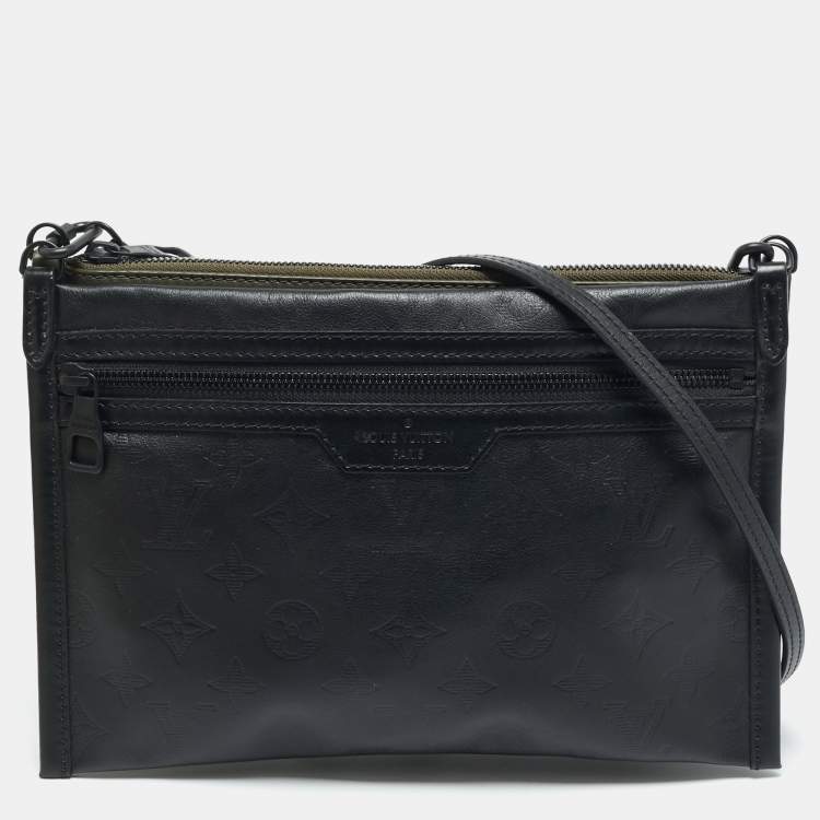 Pre Owned Louis Vuitton Black/Army Green Shadow Monogram Leather Double Flat Messenger Bag