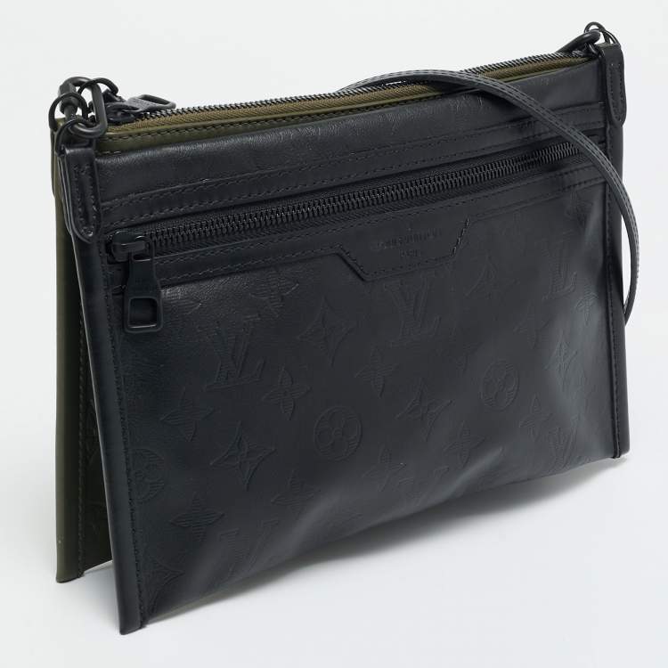Pre Owned Louis Vuitton Black/Army Green Shadow Monogram Leather Double Flat Messenger Bag