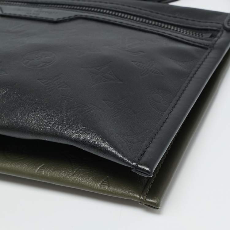 Pre Owned Louis Vuitton Black/Army Green Shadow Monogram Leather Double Flat Messenger Bag