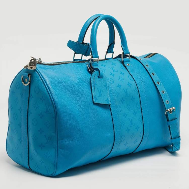 Pre Owned Louis Vuitton Keepall Bandoulière 50 Blue Lagoon Taigarama Leather Bag