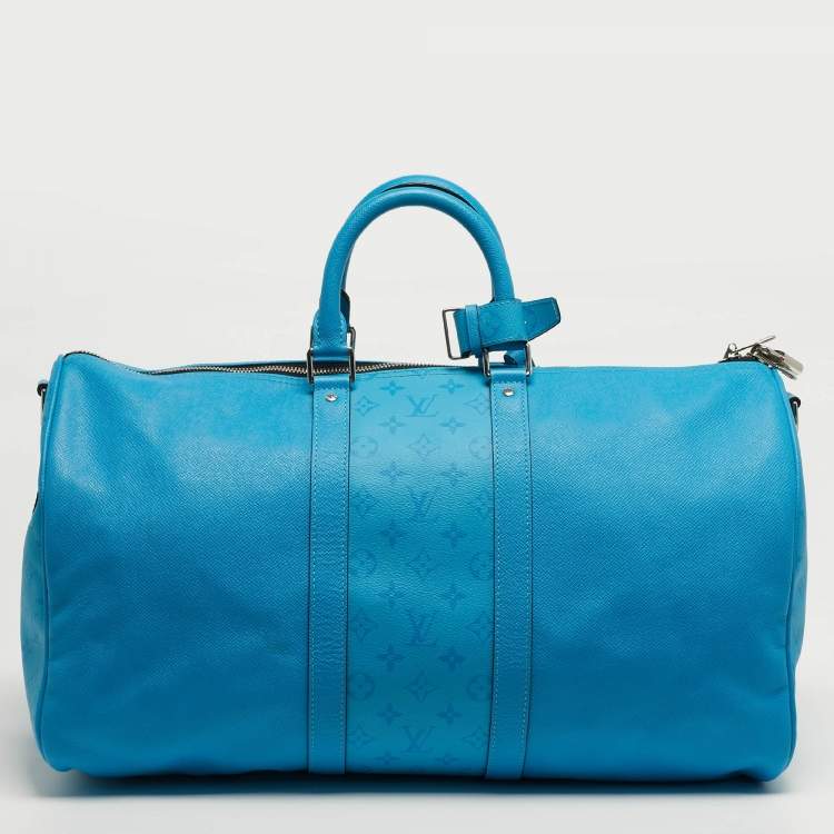 Pre Owned Louis Vuitton Keepall Bandoulière 50 Blue Lagoon Taigarama Leather Bag