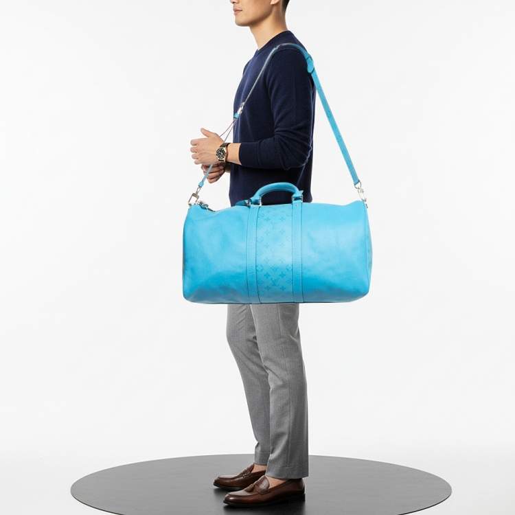 Pre Owned Louis Vuitton Keepall Bandoulière 50 Blue Lagoon Taigarama Leather Bag