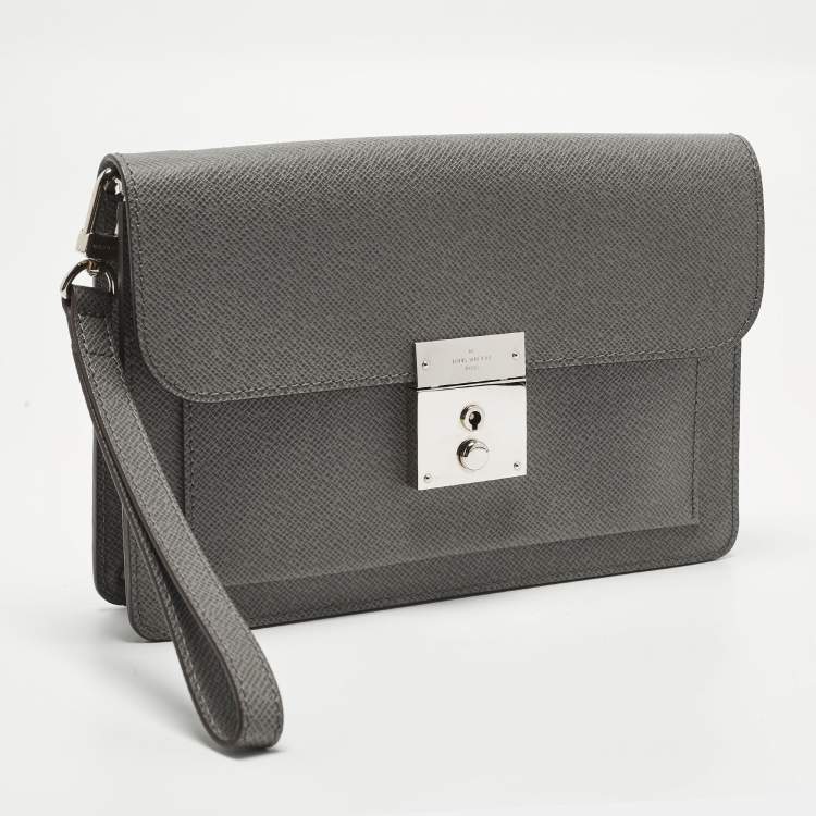 Pre Owned Louis Vuitton Belaia Grey Taiga Leather Clutch