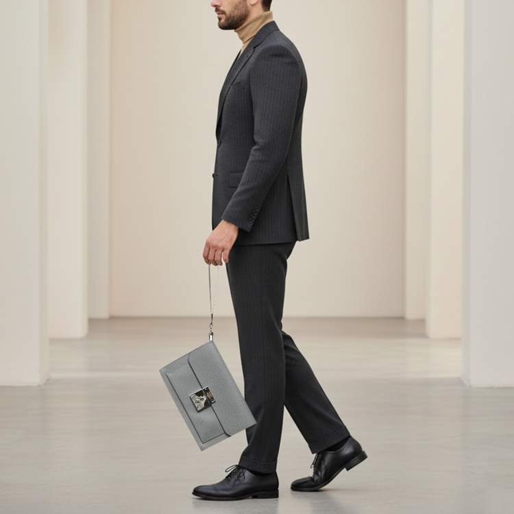 Pre Owned Louis Vuitton Belaia Grey Taiga Leather Clutch