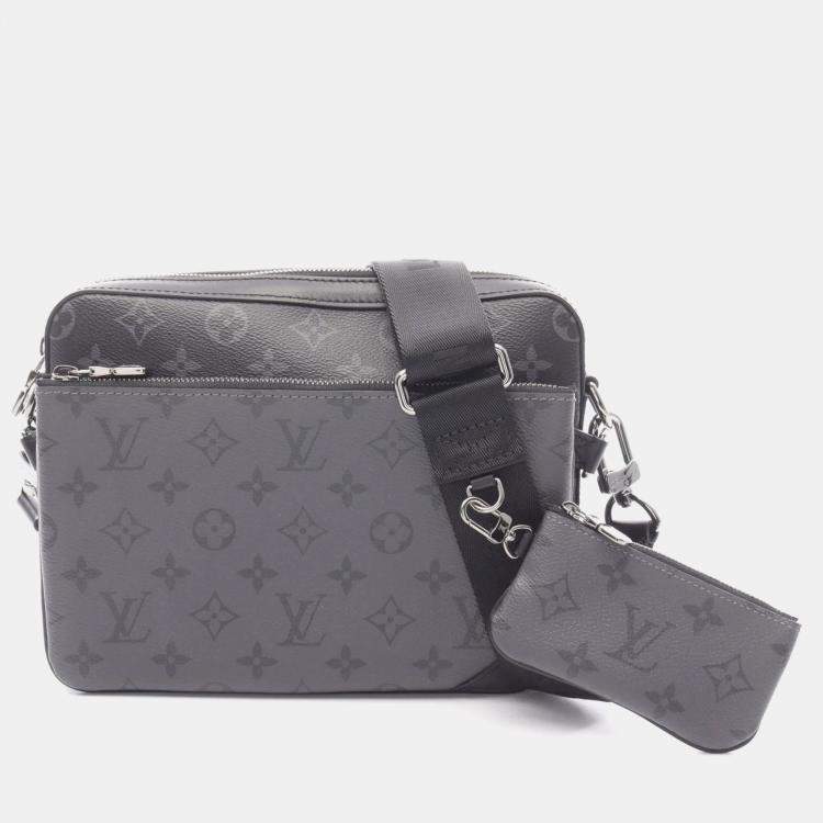 Pre Owned Louis Vuitton Trio Messenger Shoulder Bag In Coated Canvas And Leather With Monogram Eclipse Reverse Black Gray