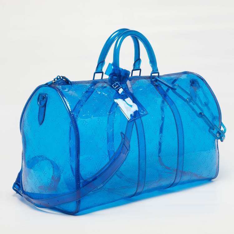 Pre Owned Louis Vuitton Keepall Bandouliere 50 Blue Clear Monogram PVC Bag
