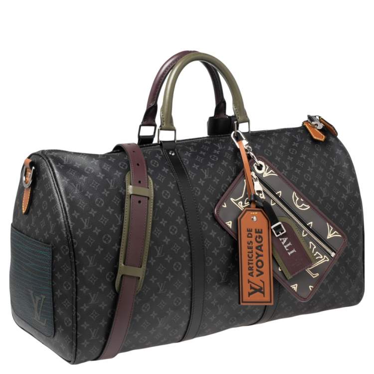 Pre Owned Louis Vuitton Monogram Eclipse Canvas Patchwork Keepall Bandouliere 50 Bag