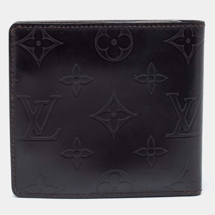 Pre Owned Louis Vuitton Dark Brown Leather Monogram Embossed Bifold Wallet 