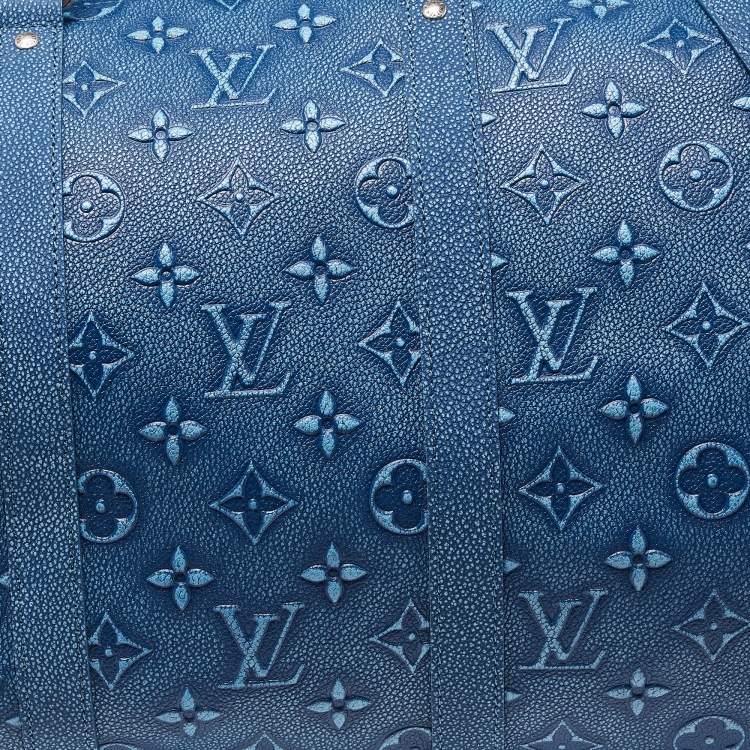 Pre Owned Louis Vuitton Blue Washed Monogram Empreinte Leather Keepall Bandoulière 50 Bag