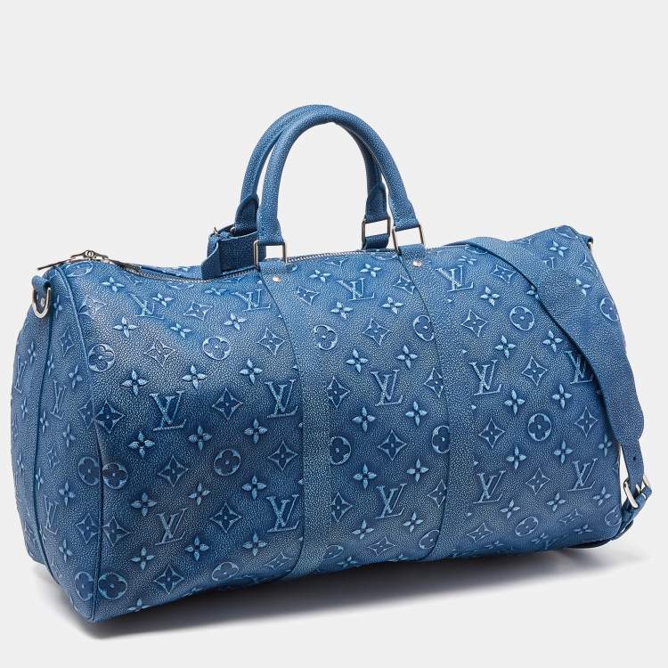 Pre Owned Louis Vuitton Blue Washed Monogram Empreinte Leather Keepall Bandoulière 50 Bag