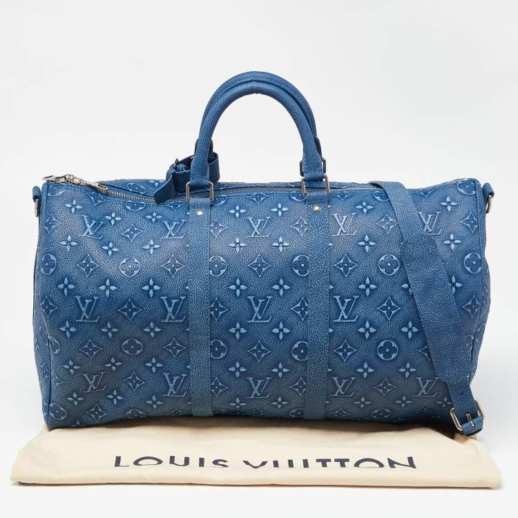 Pre Owned Louis Vuitton Blue Washed Monogram Empreinte Leather Keepall Bandoulière 50 Bag
