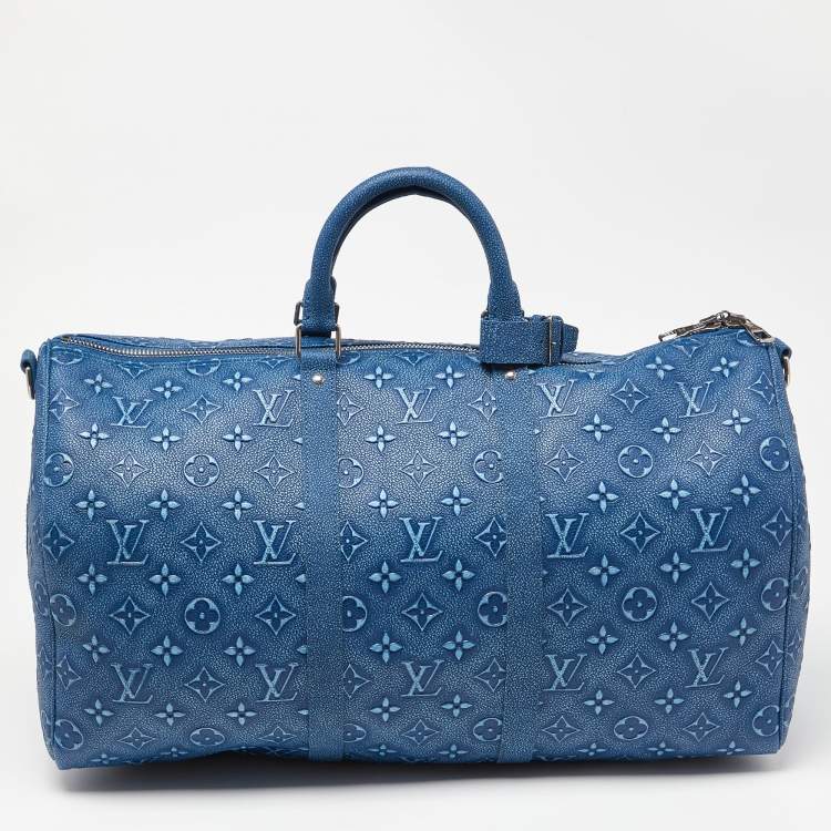 Pre Owned Louis Vuitton Blue Washed Monogram Empreinte Leather Keepall Bandoulière 50 Bag