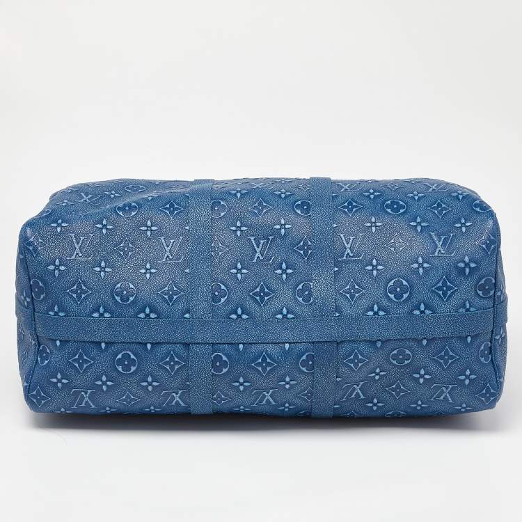 Pre Owned Louis Vuitton Blue Washed Monogram Empreinte Leather Keepall Bandoulière 50 Bag