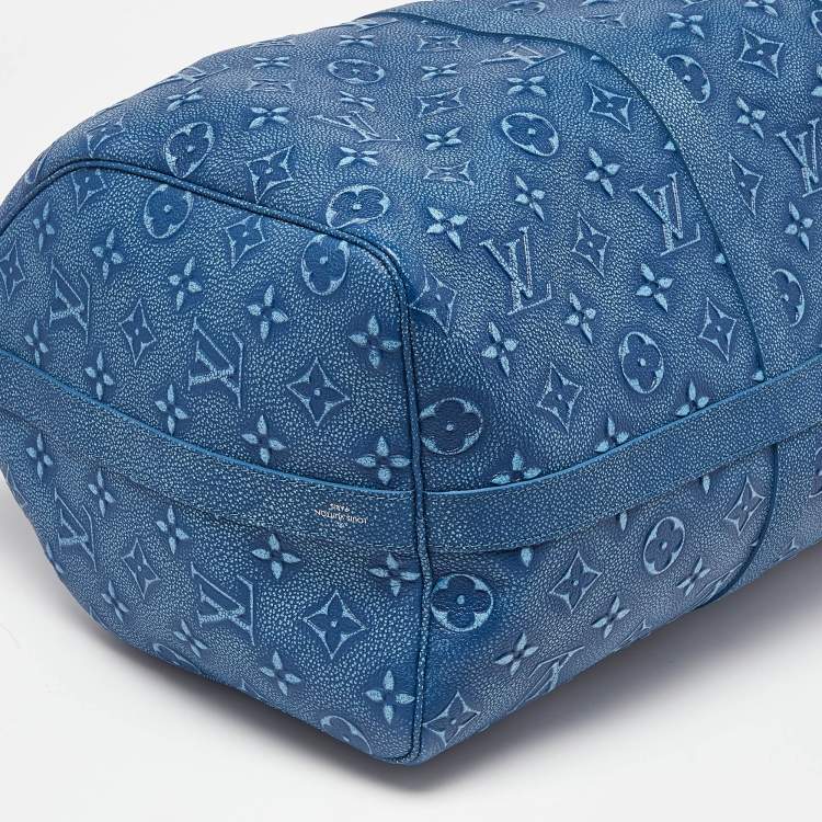 Pre Owned Louis Vuitton Blue Washed Monogram Empreinte Leather Keepall Bandoulière 50 Bag