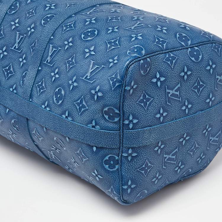 Pre Owned Louis Vuitton Blue Washed Monogram Empreinte Leather Keepall Bandoulière 50 Bag