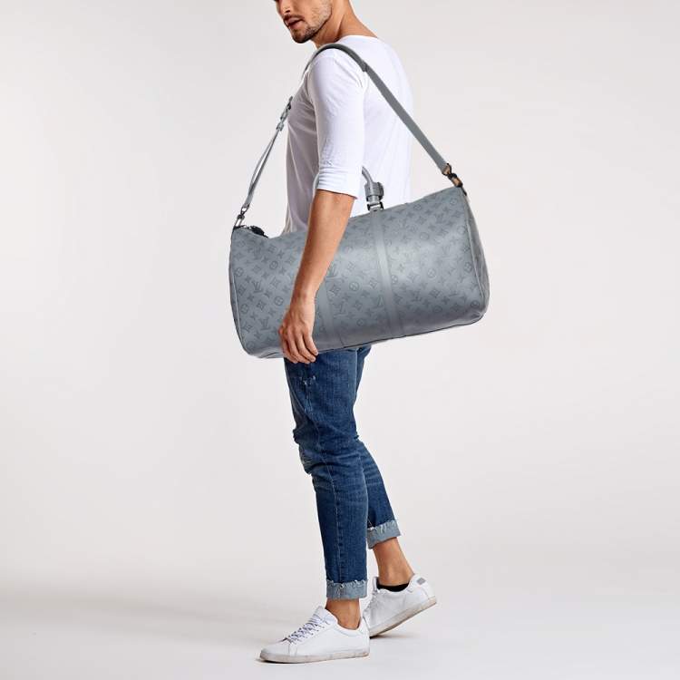 Pre Owned Louis Vuitton Anthracite Grey Monogram Shadow Leather Keepall Bandoulière 50 Bag